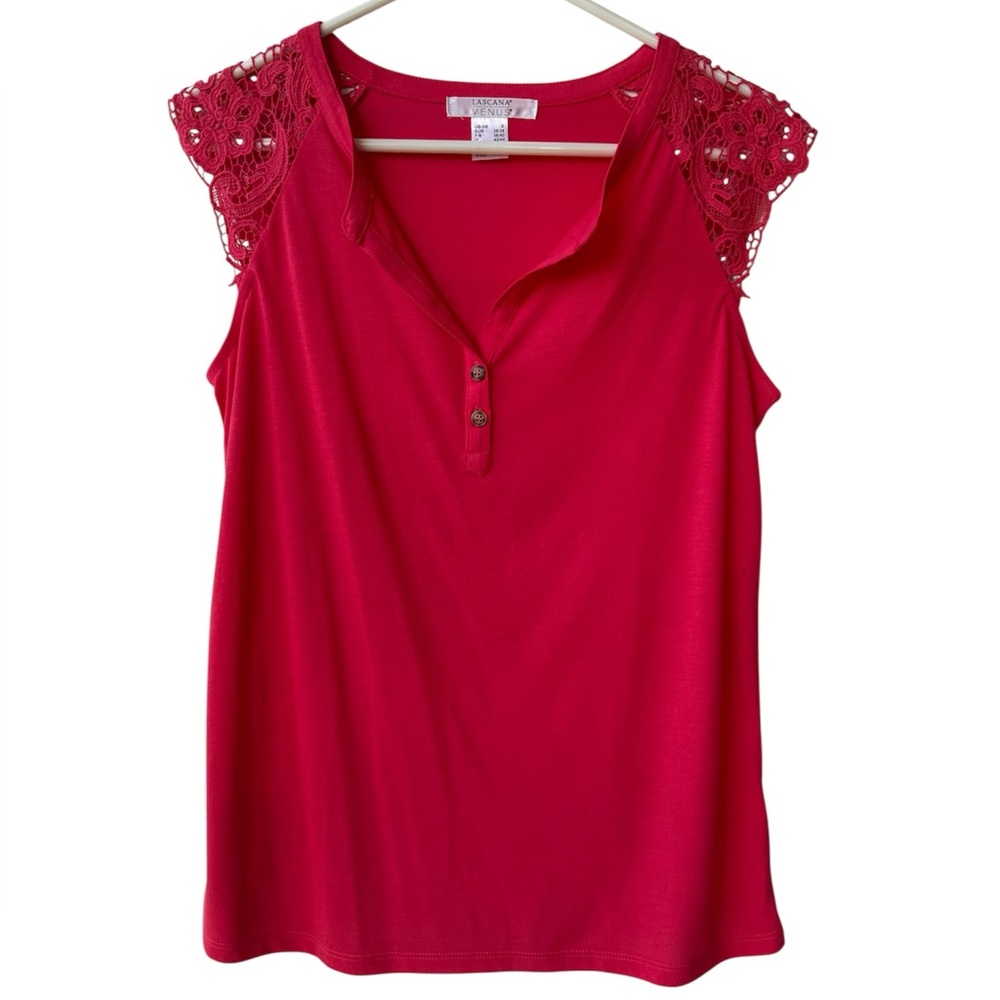 Lace Cap-Sleeve Henley Top - Red